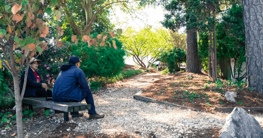 Woman and man sitting on park bench